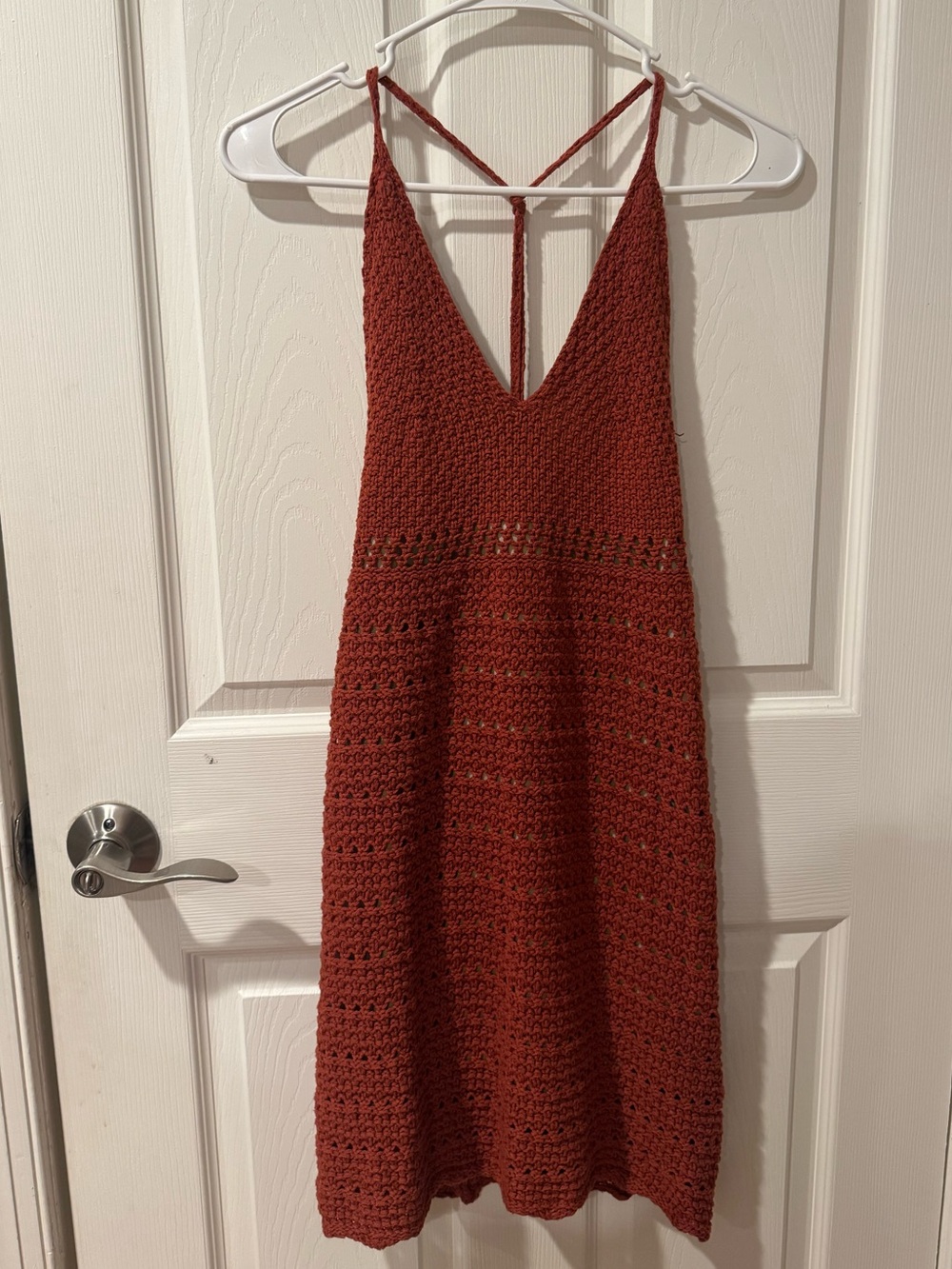 Lulu's Rust Crochet V-Neck Strappy Mini Dress